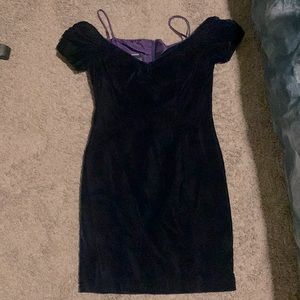 Blue velvet off the shoulder dress.
